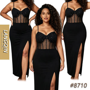 LANQIN Robe longue moulante gainante effet corset en maille, à bretelles spaghetti et décolleté cœur, avec fermeture à agrafes, à maintien abdominal moyen - Product Image 1