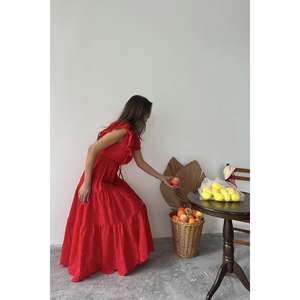 Robe mi-longue rouge à volants, taille naturelle, tissu respirant, pour femme - Product Image 3