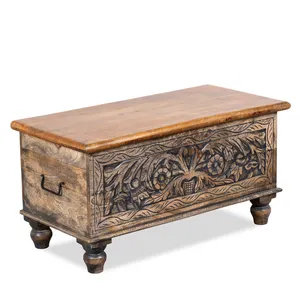 Vintage Hand-Carved Wooden Storage Trunk / Coffee Table Mango Wood Hand Carving Design Antique look Polished Open Top