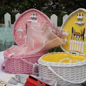 Time-limited Promotion Rattan Wicker Willow Wholesale Customized Rectangle Pink Picnic Basket Hamper