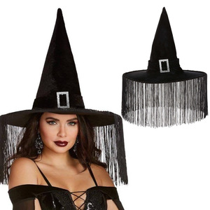 Sombreros de Brujas negros con flecos colgantes Halloween Cosplay gorras de brujas para Halloween disfraz de mujer y decoración de fiesta de maquillaje - Product Image 1