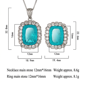 Ensemble de bijoux vintage pour femme, bague et pendentif géométriques en zircone cubique 12*16mm, sertis de zircone cubique, plaqué or blanc sur cuivre, pierre bleue - Product Image 4