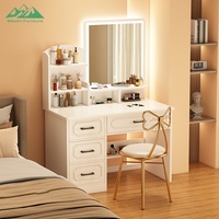 Coiffeuse moderne en bois avec miroir LED amovible, multiples tiroirs de rangement, étagères et chaise rembourrée en velours – Mobilier de chambre