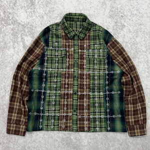 T-shirts surdimensionnés délavés à l'acide en flanelle streetwear de créateur avec logo Chemise à manches longues boutonnée à carreaux et strass pour hommes - Product Image 1