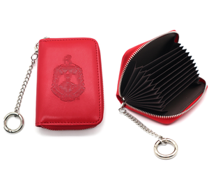 Cartera de Cuero Artesanal con Letras Griegas Rojas DST, Monedero con Cremallera Tipo Acordeón, Porta Tarjetas de Crédito y Llavero - Product Image 6