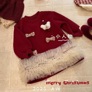 Christmas Kids Dress Red Fleece One Piece With Bear Applique And Bowknot For Girls 1 Year Old - Product Image 4