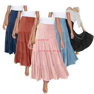 Ecowalson Women High Waist Chiffon Midi <b>Skirts</b> <b>Boho</b> Style A-Line Ruffles Solid Color Retro Fashion Summer Casual Wear - Product Image 3