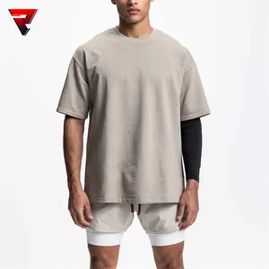 Camiseta masculina de algodão elástico, venda por atacado, logotipo personalizado, cor sólida, solta, ombros, grandes dimensões
