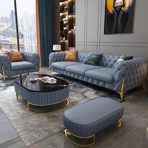 Furnitur Rumah Desain Chesterfield Mewah Mewah Kaki Emas Ruang Tamu Set Sofa Beludru Kulit