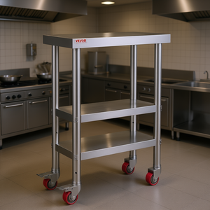 Table de travail en acier inoxydable Vevor 24 x 12 x 32 pouces, 4 roulettes, table de préparation de cuisine commerciale robuste, finition polie - Product Image 2