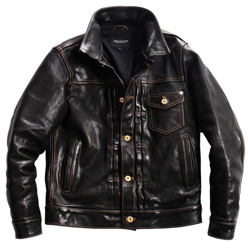 Fashion High Quality Casual Best-selling Winter Autumn Horse skin black leather jacket men