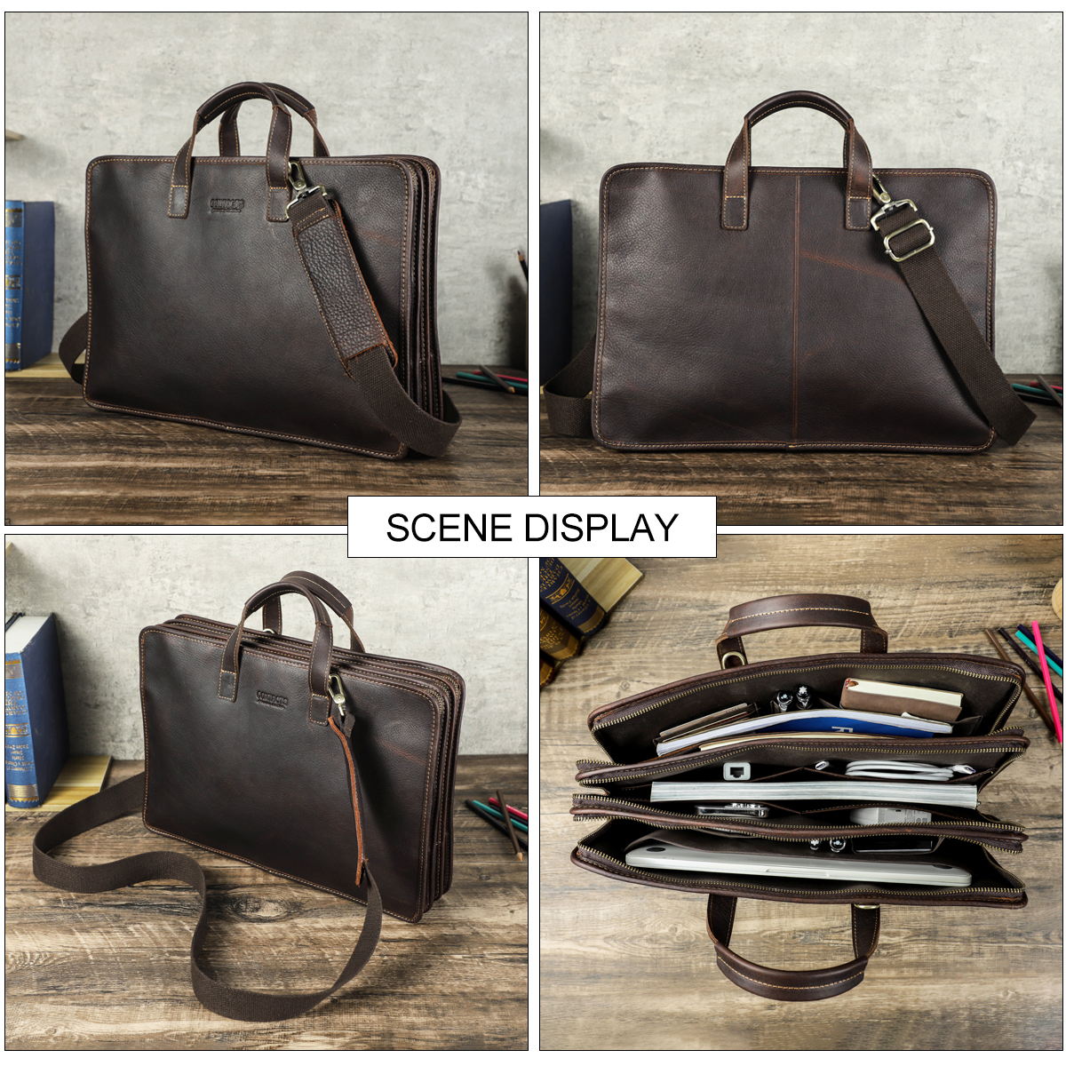 Men’s 16-Inch Genuine Leather Laptop Messenger Briefcase – Multi-Zipper Office Business Bag - View 3