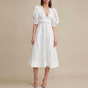 Custom Atacado OEM Senhoras Verão Elegante Moda Plain Color Lace Algodão V-neck Mulheres Casual Midi Vestidos - Product Image 1