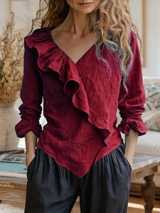 European American Cute Washable Women's Solid Color V-neck Long Sleeve Casual Loose Ruffled Cotton Linen <b>Top</b> - Product Image 4