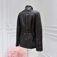 Veste en cuir véritable pour femme en peau de mouton, style artisanal robuste, col montant, poches multiples asymétriques, taille élastique, vêtement d'extérieur