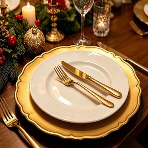 Assiette de Présentation Électroplaquée en PP Style Floral 33cm pour Mariage, Décoration de Table Or Argent - Product Image 2