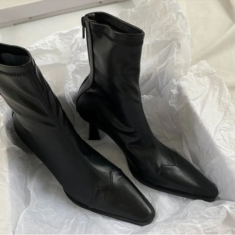 Black Thick High Heel Ankle Boots Women Pointed Toe Keep Warm Elegant Short Booties Ladies Ankle Buckle Decoration