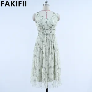 Fakifii 2024 marca moda fábrica proveedor verano sin mangas malla floral personalizado impreso vestidos de mujer