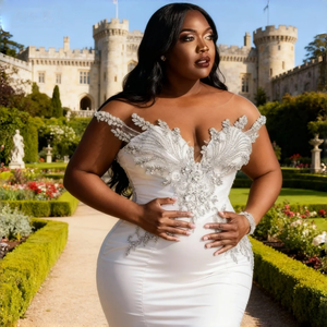 Hiện Đại Cộng với kích thước pha lê beading chapel Train chính thức Arabic duyên dáng nàng tiên cá váy cưới nắp tay Áo sàn Dài Satin Ren - Product Image 5