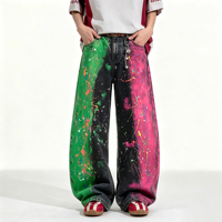 Jean Baggy à Blocs de Couleurs pour Homme, Pantalon en Denim Bicolore Vert Rose Effet Peinture Éclaboussée, Style Streetwear Tendance Urbaine