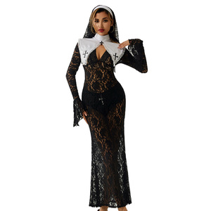 Disfraz de <span class=keywords><strong>Monja</strong></span> Sexy, Vestido Largo de Encaje Negro para Mujer Madura, Atuendo de <span class=keywords><strong>Monja</strong></span> para Club Nocturno, Disfraces de Cosplay - Product Image 6