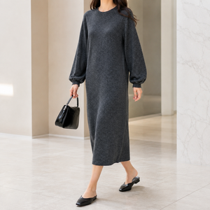 Vestido <span class=keywords><strong>Midi</strong></span> Casual para <span class=keywords><strong>Mujer</strong></span>, Minimalista, Cuello Redondo, Manga Larga, Holgado, con Bolsillos, Suave y Elástico - Product Image 6