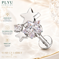 Piercing Labret de Acero Quirúrgico 316L con Estrella Celestial CZ, Parte Trasera Plana, Diseño de Estrellas Múltiples, para Hélice, Tragus, Cartílago, Labio, Joyería Corporal