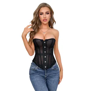 Plastic Boned Corset Sexy Lingerie Women Hollow Out Corsages Black Tops Bustier Plus Size Belly Slimming Sheath