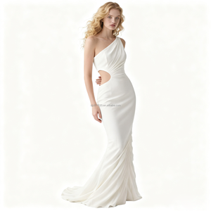 Vestido maxi de sirena <span class=keywords><strong>blanco</strong></span> de un hombro para mujer con corte lateral y tren plisado, elegante vestido formal para fiesta y boda - Product Image 1