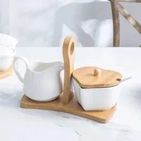 Set Mangkuk Gula Susu Putih Murni, Bentuk Cinta Krim Keramik Wadah Mangkuk Gula dengan Tutup Sendok, Aksesori Furnitur Nampan Kayu