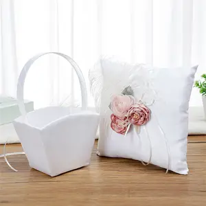 2pcs Set White Artificial Flower Wedding Small Decore Ring Pillow Flower Basket Bridal Ring Pillow