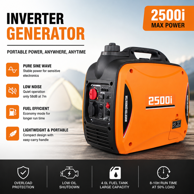 2200W 2.5KW Portable Silent Inverter Generator Pure Sine Wave Gasoline Generator Fuel Efficient Low Noise for Camping Home
