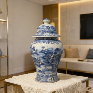 <span class=keywords><strong>Vaso</strong></span> da pavimento in ceramica grande, alto 60 <span class=keywords><strong>cm</strong></span>, blu e bianco, con coperchio, con decorazioni orientali di paesaggi. - Product Image 2