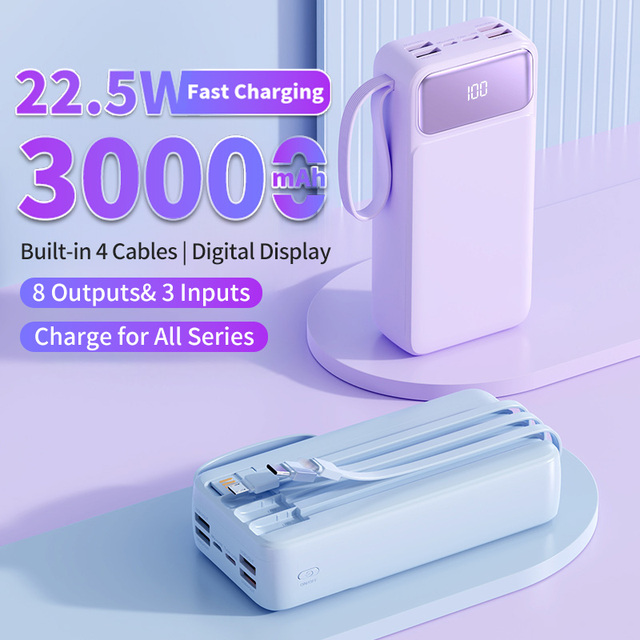 Portable Digital Display PD 22.5W Fast Charging Powerbank 30000mah Built-in 4 Charging Cable Lanyard Design Power Bank