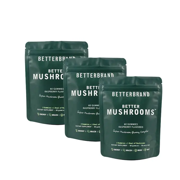 Desain kustom dicetak dapat ditutup kembali organik jamur kering makanan ringan tas kemasan makanan Mylar anti bau dengan ritsleting