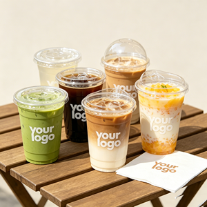 Gobelet en plastique PP personnalisé avec logo, 7 oz, écologique, jetable, en PET, avec couvercle plat et paille pour thé au lait, boissons froides, café - Product Image 1
