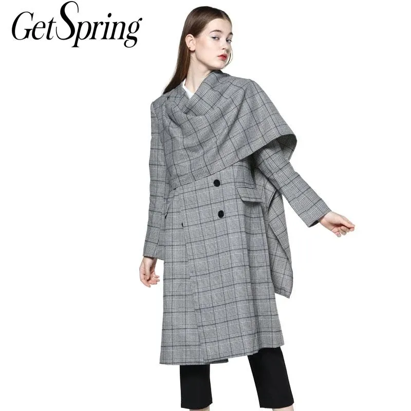 Ladies Coats Grey Wool Coat Plaid Double Breasted Long Sleeve Irregular Woolen Overcoat Long Womans Coats Winter