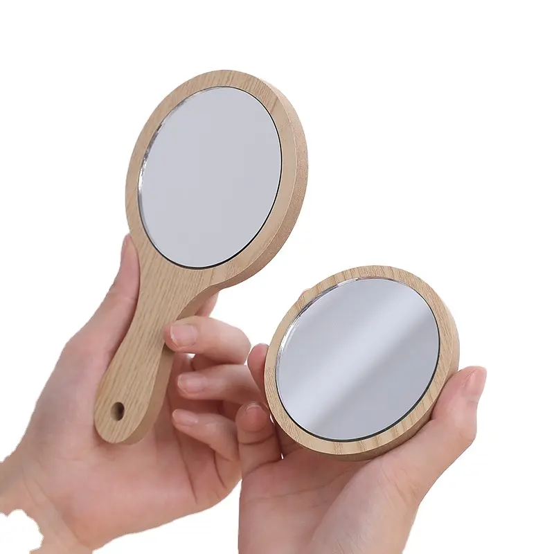 Hand gehaltener hölzerner Schönheits spiegel tragbarer Griff Schmink spiegel Haupt badezimmer runder kleiner Spiegel