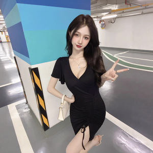 Sexy Deep V Neck Dress Milk Coffee Color Solid Polyester Party Slim Fit Casual Dress For Women With Slit And Tight Waist Design - Product Image 3