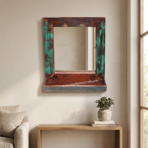 Miroir mural vintage rustique en bois récupéré avec étagère, décoration murale pour salon, chambre, entrée, salle de bain - Product Image 2