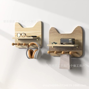 Wooden Cat Shaped Wall <b>Shelf</b> With <b>Hooks</b> For Home Entryway Storage Organization - Product Image 3