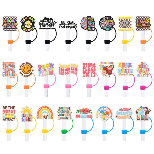 New English Phrase Silicone Straw Cap 10mm Cartoon Silicone Straw Plug Soft Plastic Straw Cap