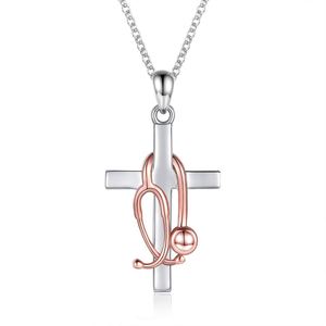NEW Cross <b>Titanium</b> Steel Pendant Necklace Creative Stethoscope Shape Crystal Rhinestone Cross Necklace for Doctor Nurse Gifts - Product Image 6