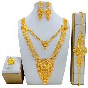 دبي 24K الذهب العروس مجوهرات الزفاف مجموعة الشرق الأوسط عشاء المرأة قلادة القرط خاتم سوار - Product Image 3