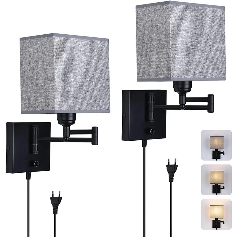 Indoor Wall Sconce Plug in Modern Wall Lamp Fabric Wall Light with Gray Fabric Shade for Living Room Bedroom