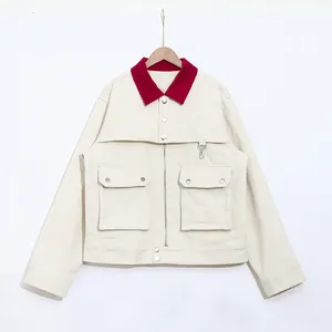 OEM men contrast corduroy collar white cropped length canvas motorcycle high street trendy jacket