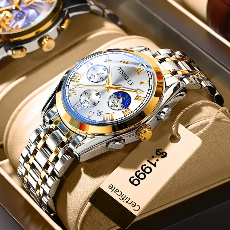 2021 Топ Роскошные брендовые кварцевые мужские наручные часы водонепроницаемый хронограф с кожаным ремешком Мужские отображением второго часового пояса наручные часы, мужские часы, наручные часы с механизмом, T6602