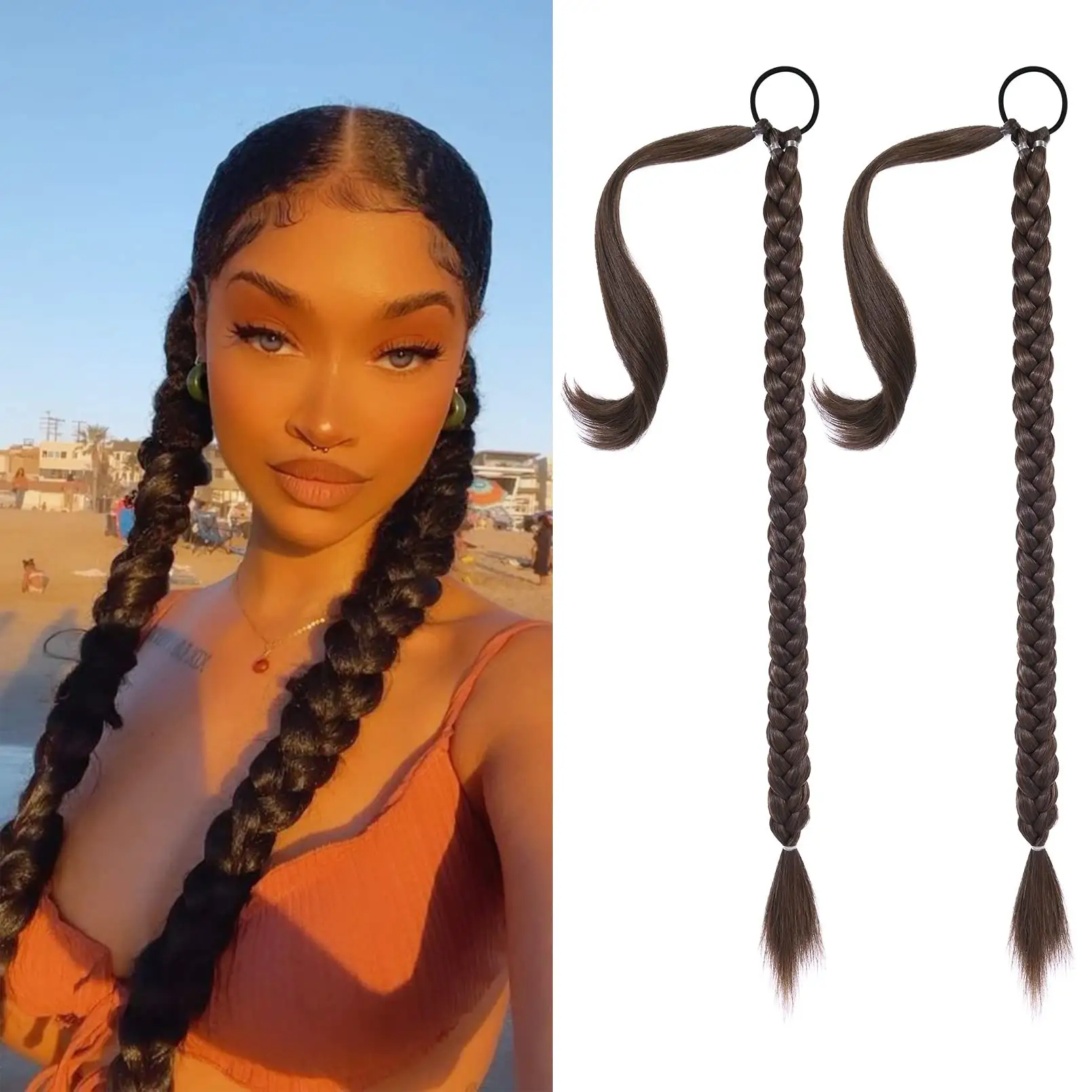 Tóc đuôi ngựa mở rộng tổng hợp boxing braids quấn quanh chignon đuôi với ban nhạc cao su tóc vòng 32 inch Nâu Ombre B