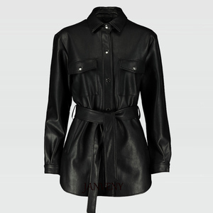 JANVENY 2021 Autumn <strong>Women</strong> Long Sleeve Lace up Casual Turn-down Collar Blouse Pu <strong>Leather</strong> <strong>Shirts</strong> With Belt Chic Pocket