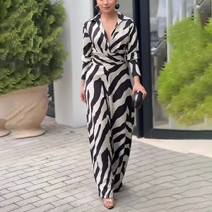 <span class=keywords><strong>Tuta</strong></span> Intera da <span class=keywords><strong>Donna</strong></span> Personalizzata con Stampa Zebrata, Gamba Larga, Collo a Risvolto, Maniche Lunghe, Vita Alta, Trendy per Ufficio e Feste - Product Image 3